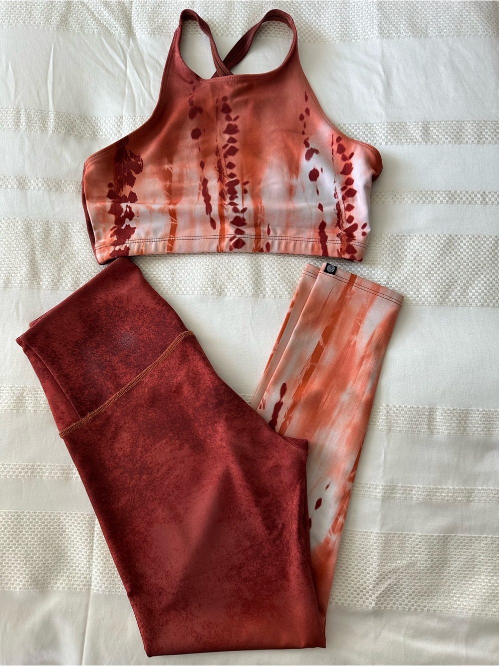 Onzie Rust Red and Orange Tie-Dye Sports Bra and Leggings Set